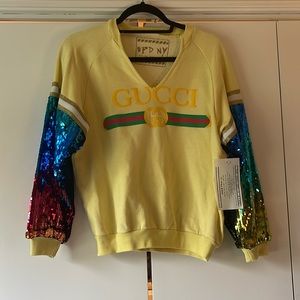 Opdny- One of a kind yellow sequin sleeve sweatshirt.  S/M